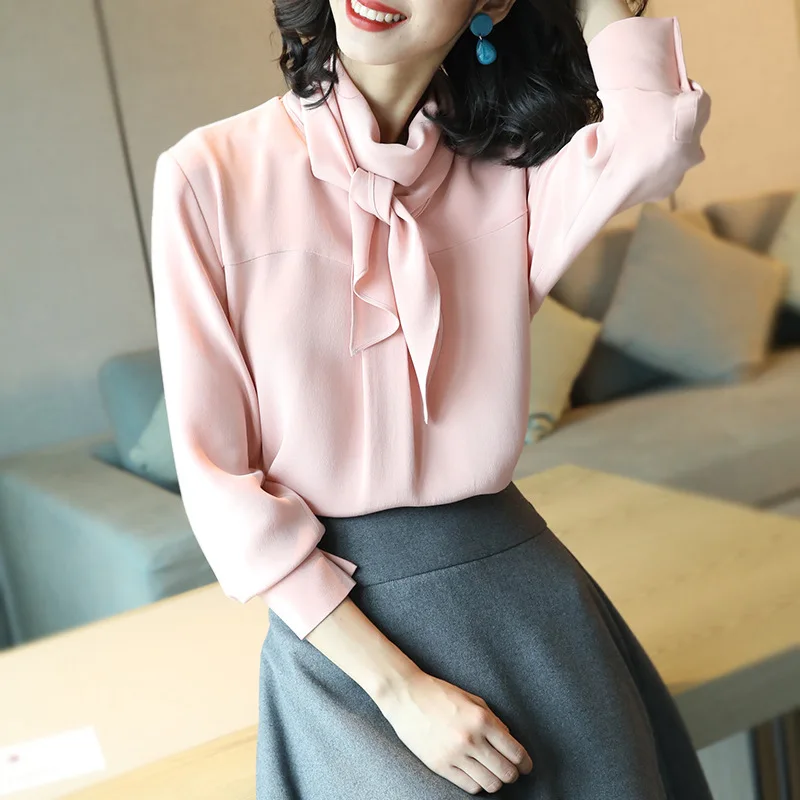 pink ribbon silk office blouse womens shirts and blouses 2020 summer elegant sexy boho long sleeve plus size palace loose