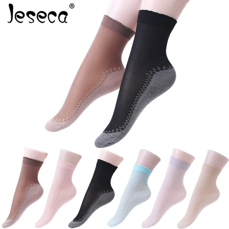 Jeseca новые 5 пар/Лот шелковые носки летние женские мягкие повседневные Нескользящие хлопковые Модные прозрачные женские тонкие шелковые носки