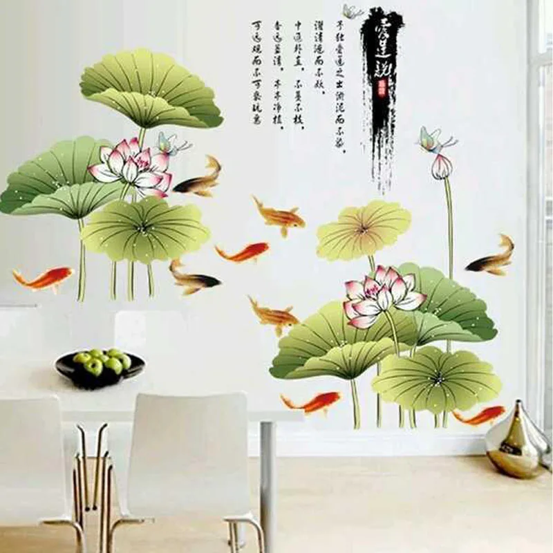 

DIY Chinese Wall Stickers Home Decor Lotus Leaves Flower Fish Living Room Bedroom Vinyl Sofa TV Backdrop Decals Wallpaper