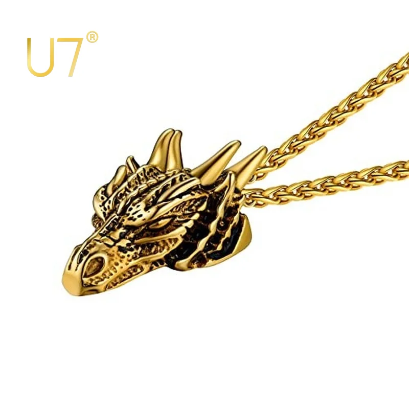 

U7 Men Retro Dragon Necklace Stainless Steel Enamel 3D Roaring Dragon Head Pendant Cool Punk Jewelry