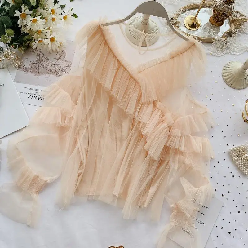 YoungGee женская блузка сексуальная с открытыми плечами сетчатая рубашка модная