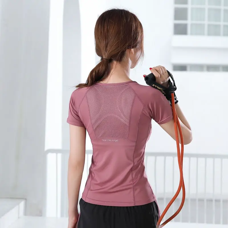 

Летний спортивный топ Женская футболка с коротким рукавом дышащая быстросохнущая эластичная облегающая одежда для бега фитнеса тренирово...