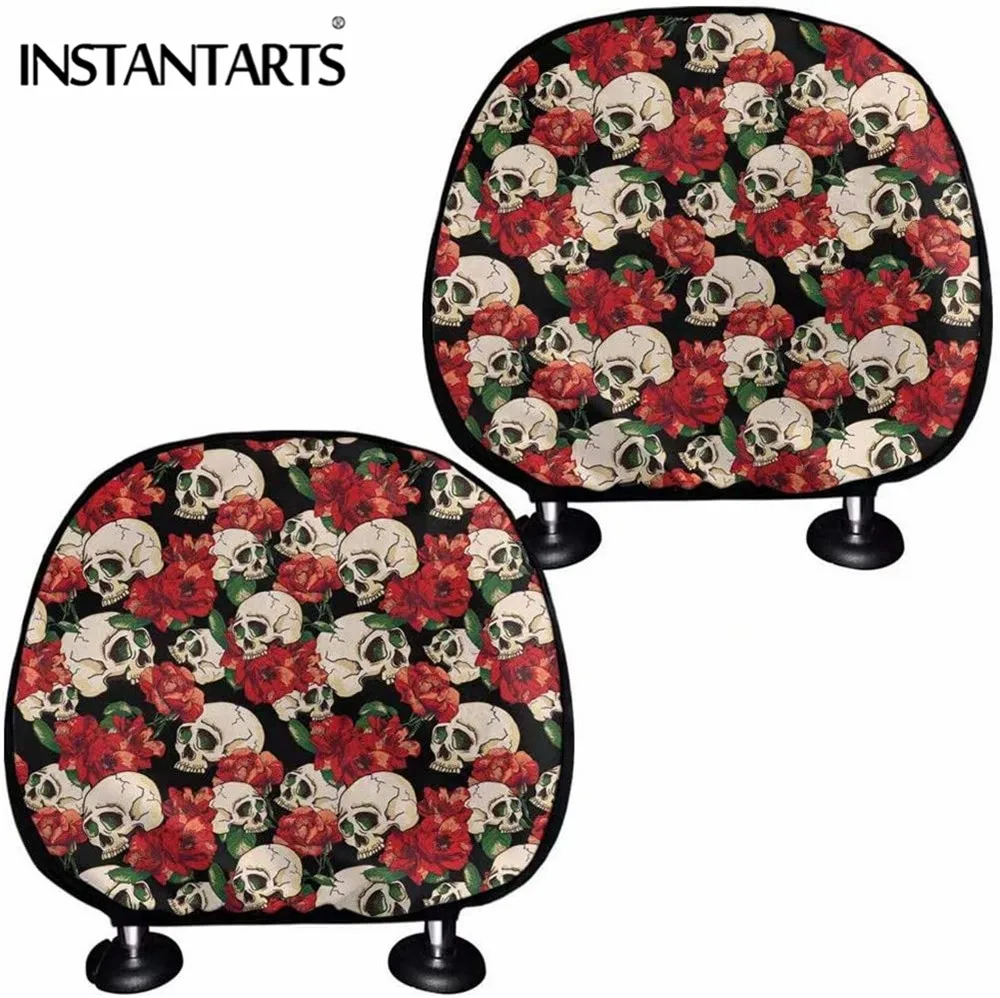 

INSTANTARTS Skull Rose Flower Printed Vehicle Seat Headrest Cover High Quality Washable Car Seat Head Rest Cover Car Accessories