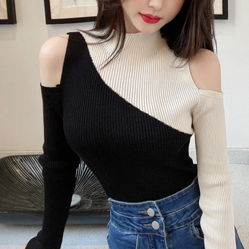 

LJSXLS Sexy Off Shoulder Slim Sweater Women 2021 Autumn Winter Fashion Half Turtleneck Patchwork Knitted Long Sleeve Pullovers