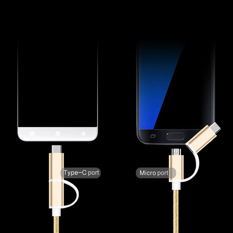 2 в 1 USB кабель Тип C Micro Быстрый зарядный Многофункциональный нейлоновая оплетка