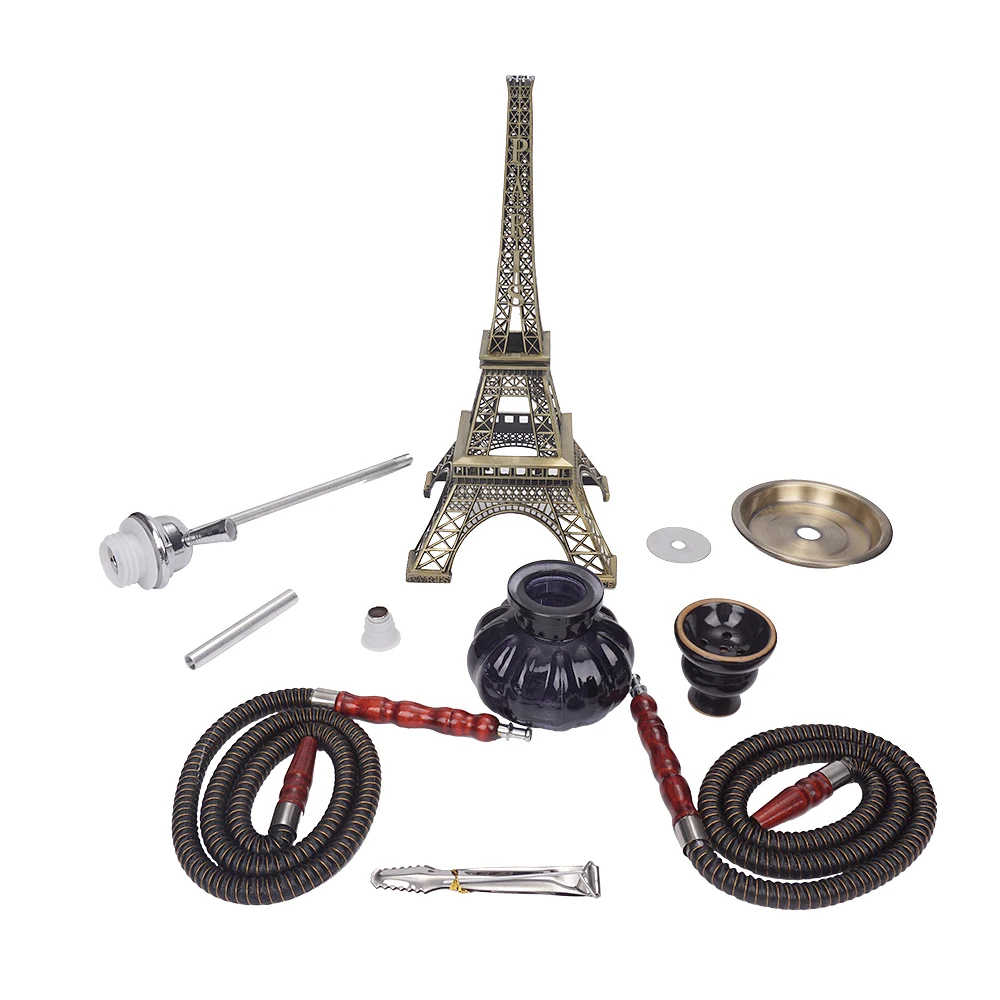 

New Metal Paris Tower Shisha Pipe Glass Base Hookah Set with Double Hoses Ceramic Bowl Charcoal Tongs Chicha Narguile