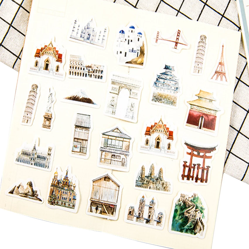 

50packs/lot Cute Hand Painted Decorative Sticker The History Of World Building DIY Diary Album Decoration Stickers Scrapbooking