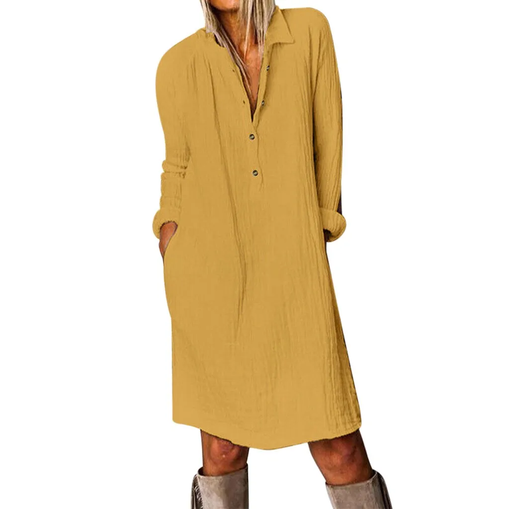 Женское платье свободного покроя размера плюс хлопок лен на пуговицах с отложным