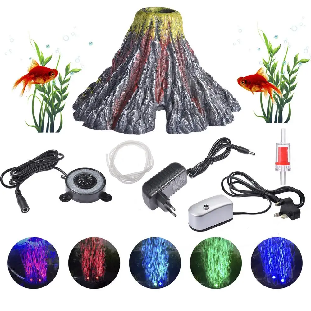 

Artificial Resin Volcano Aquarium Ornament Kit With Air Pump RGB LED Light Adapter Fish Tank Decorations Fish Toy