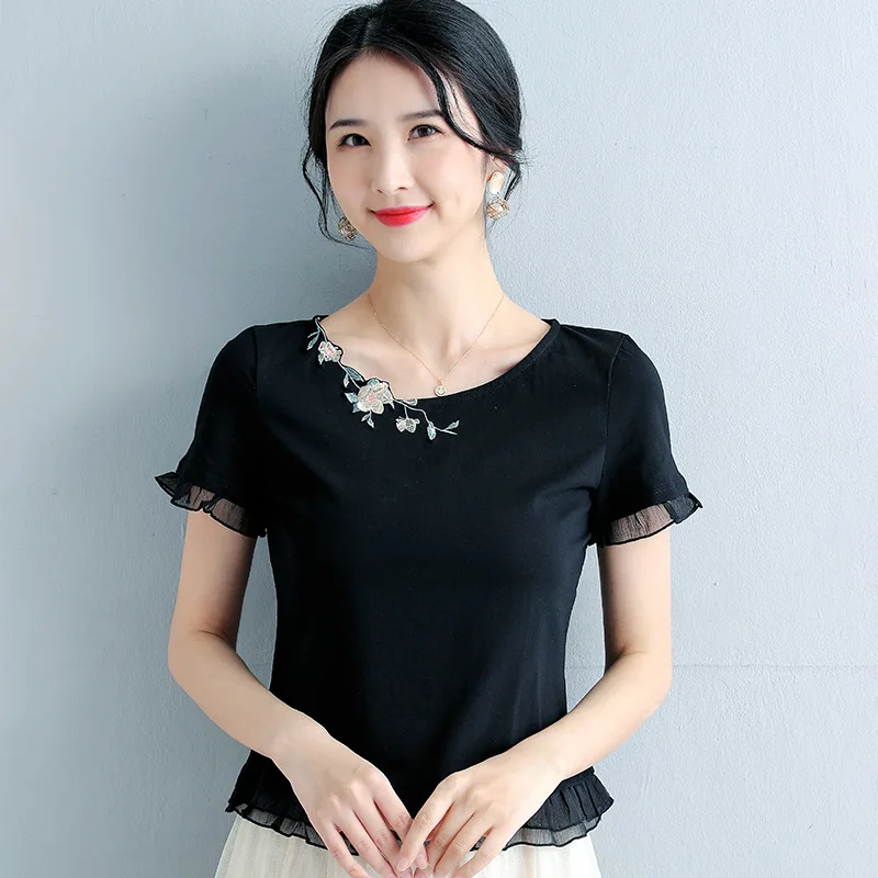 

2021 Summer New Short Sleeve Women's T-Shirt Fashion Casual Solid Color Embroidered Cotton Tops Plus Size M-4XL Lady Shirt