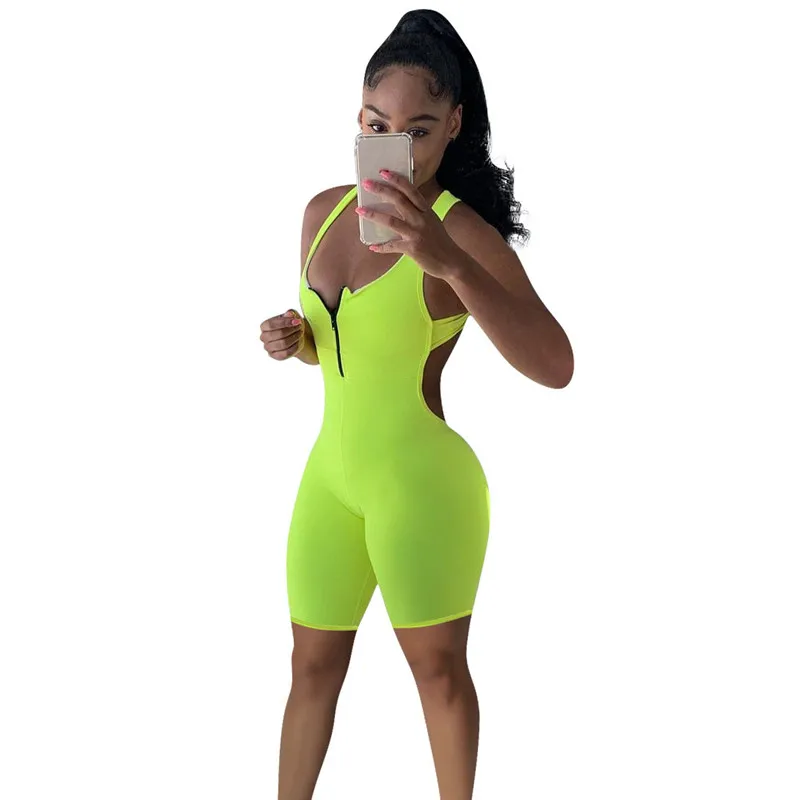

YEYA Fluorescent Green Summer Playsuit High Waist Sleeveless Zipper Up V Neck Off Shoulder Nightclub Fitness Sport Streetwear