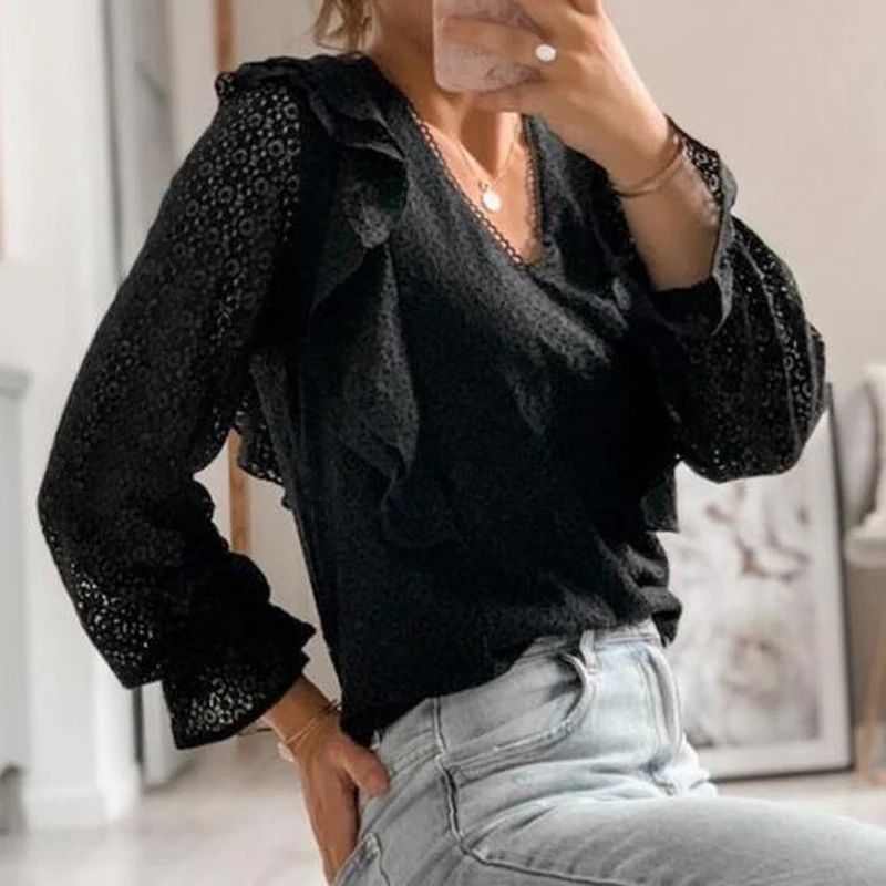 

2021 Spring Autumn Hollow Out Lace Shirt Women Office Lady Flower Blouse V-Neck Button Solid Color Female Clothing Plus Size Top