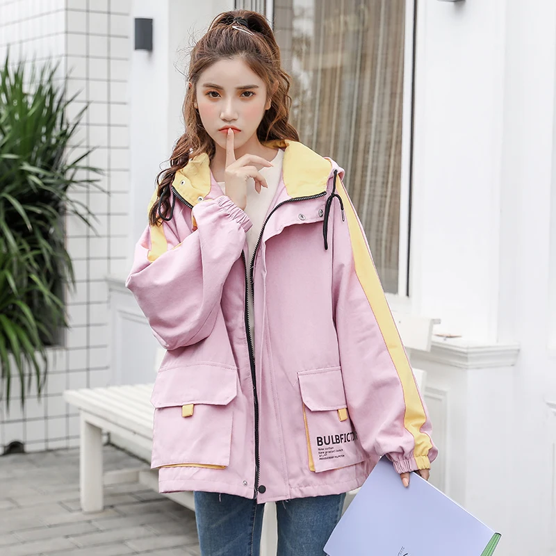 

Workwear Jacket Coat Female 2019 Autumn New Korean Version of the Loose Slim Hooded Zippers Baseball Uniform Jacket Coat Female