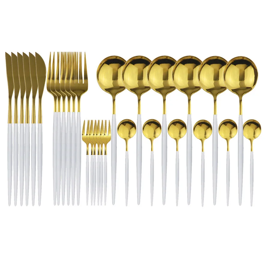 

30pcs White Gold Dinnerware Set Fork Spoon Knife Salad Cake Fork Tableware Set Stainless Steel Flatware Set Kitchen Cutlery Set