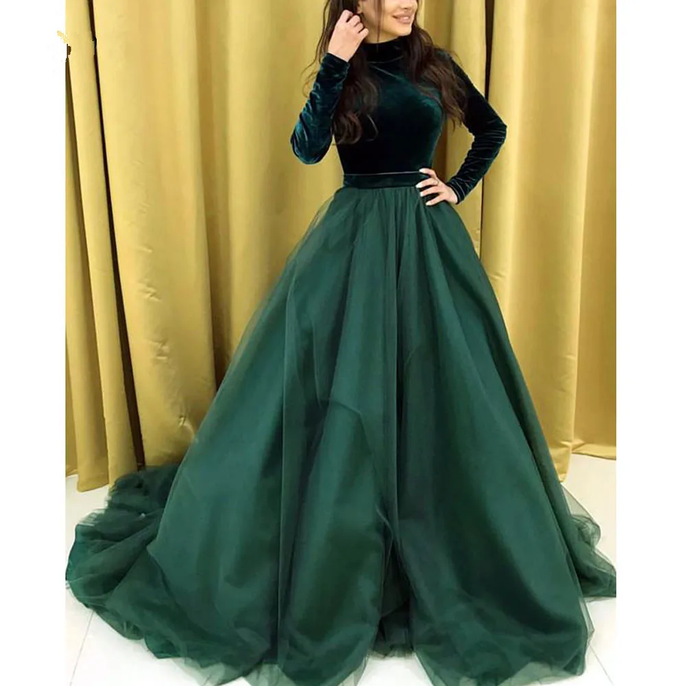 Изумрудно зеленое бархатное мусульманское платье Quinceanera Элегантное Длинное