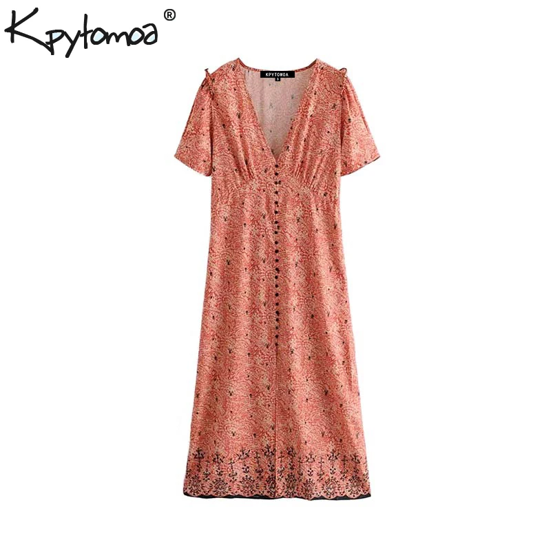 Vintage Elegant Ruffles Buttons Print Maxi Dress Women Fashion V Neck Short Sleeve Side Zipper Dresses Vestidos Mujer