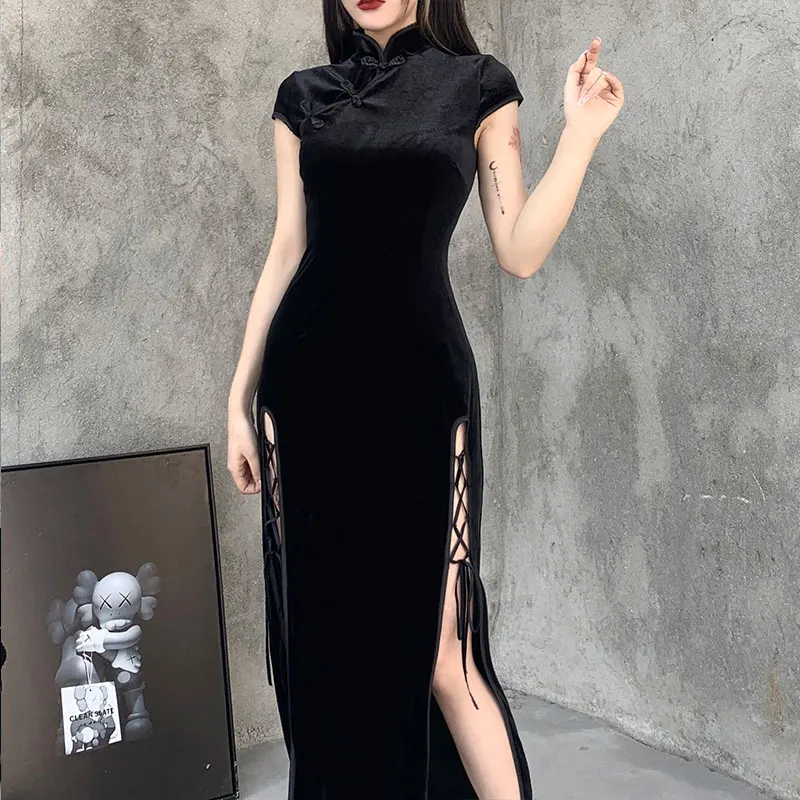 

Retro Cheongsam Black Dress Goth High Waist Bandage Patchwork Midi Dress Women Elegant Bodycon Short Sleeve Party Dresses
