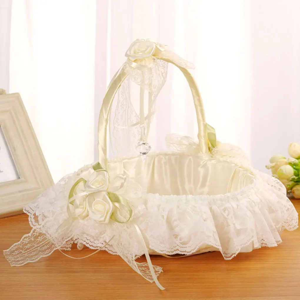 

Wedding Rose Flower Girl Basket Lace Flower Bowknot Wedding Engagement Ceremony Party Floral Candy Bride Basket