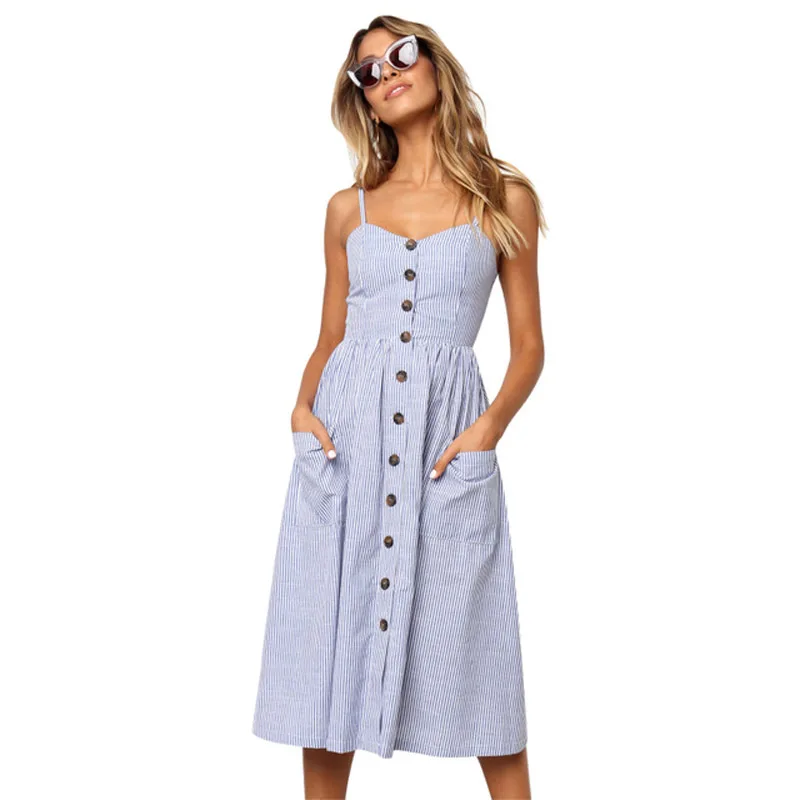 

Pocket Single-breasted Women Dress Fashion Spaghetti Strap Backless Summer Dress Plus Size Casual Vestidos Beach Robe Femme