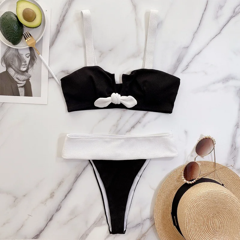 

Women Sexy Push Up Patchwork Bikinis Swimwear Summer Strap V-Neck Two Piece Swimsuit Fashion Chic Bow Hollow Out Bikini Swimsuit