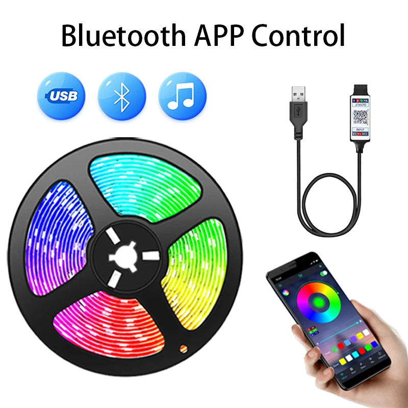 

Светодиодная лента RGB, управление через приложение Bluetooth, 5 В, USB светодиодная лента, гибкая лента, диодная лента для подсветки телевизора, украшение комнаты