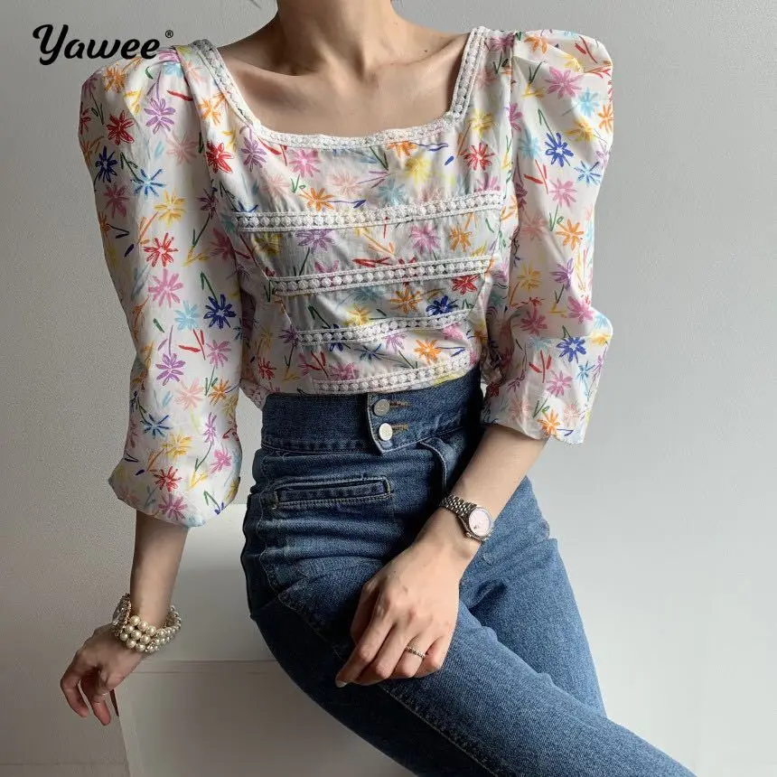 

Floral Embroidery Vintage Chic Shirt for Ladies slash neck Puff Sleeve Female Blouses Elegant Women's Clothing