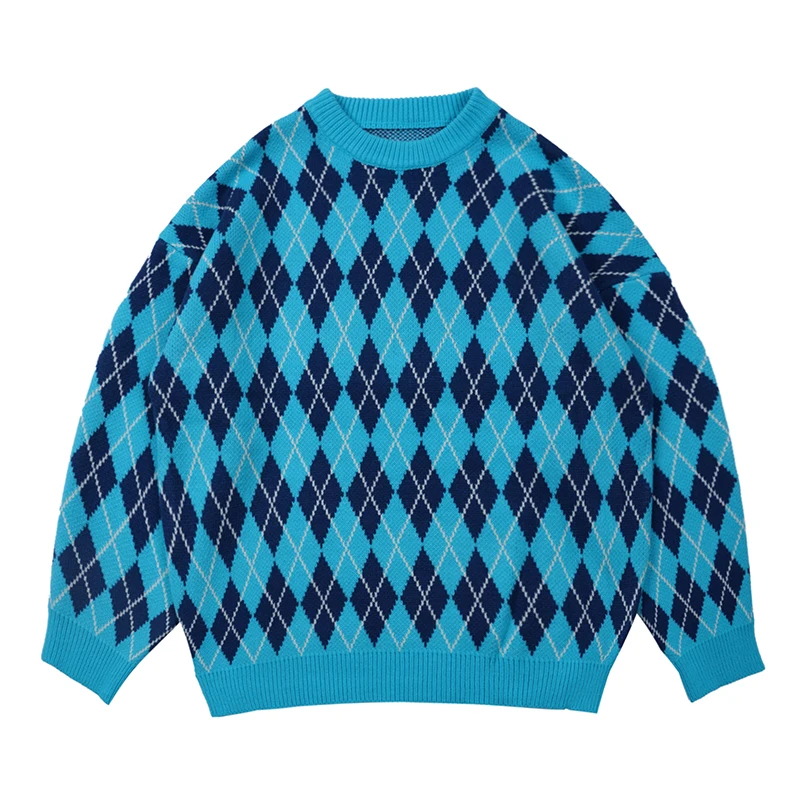 

Rhombus Jacquard Color Match Pullover Knite Autumn Sweaters for Men and Women Oversize Streetwear Casual Vibe Retro Sweater