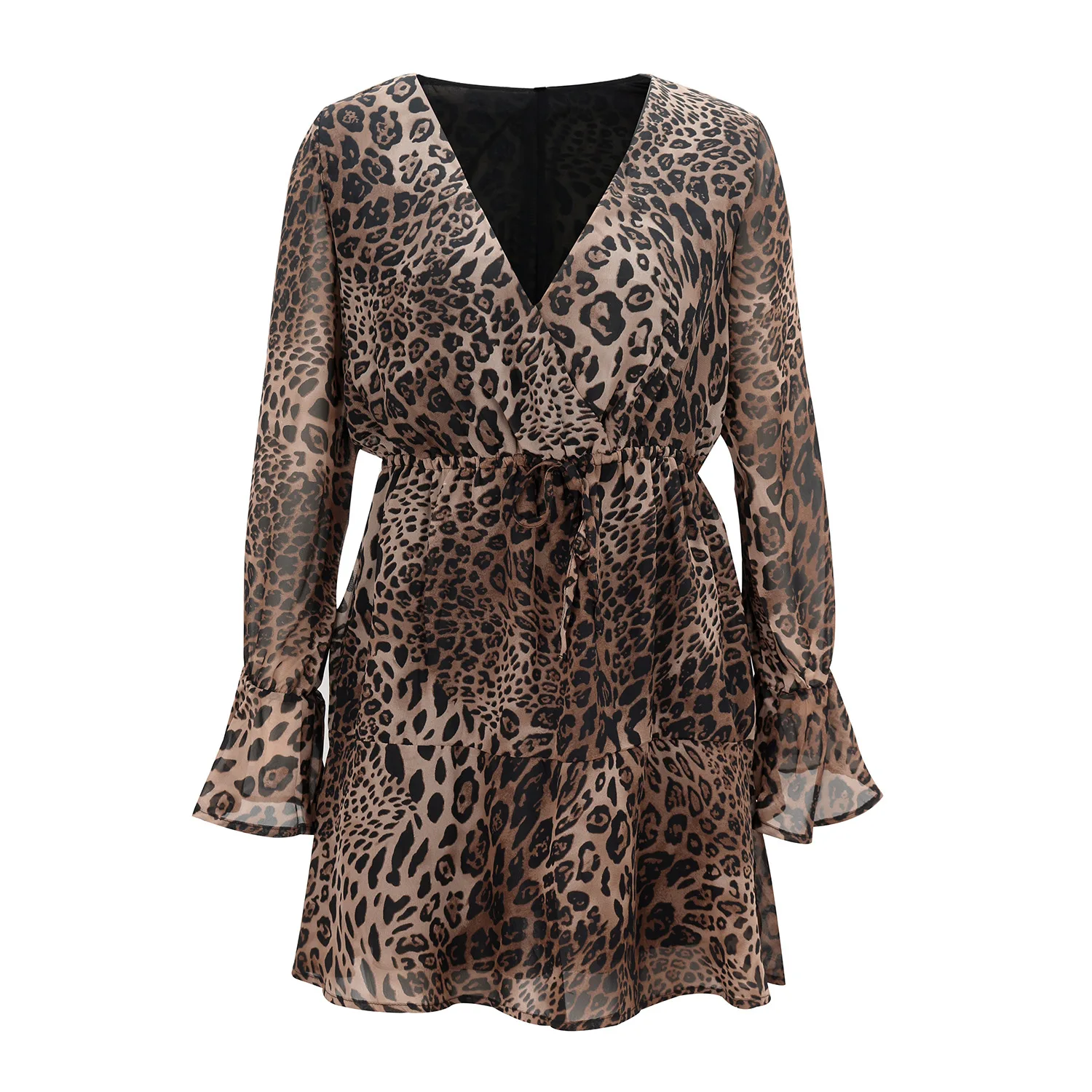 

V Neck Flare Sleeve Lace-up Tunic A-line Leopard Dress Lady Fashion Asymmetry Ruffles Khaki Short Mini Dress Vestido Manga Larga