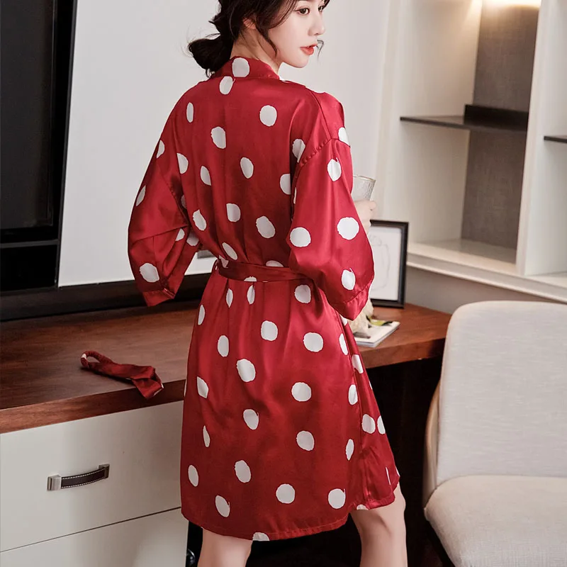 3PCS Silk Satin Sexy Lingerie Nightgowns Robes Set Headband 2021 Women Spring Polka Dot Bathrobes Sleepwear Nightdress Suit