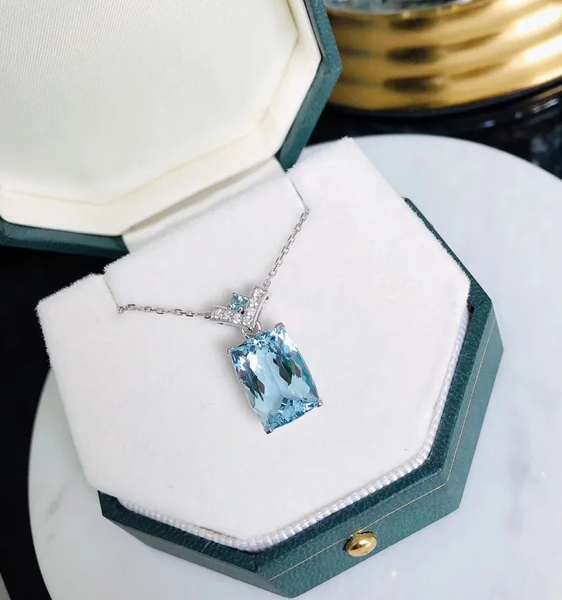 

Luxury Female Aqua Blue Pendant Necklace Charm Silver Color Chain Necklace Cute Square Zircon Stone Wedding Necklaces For Women