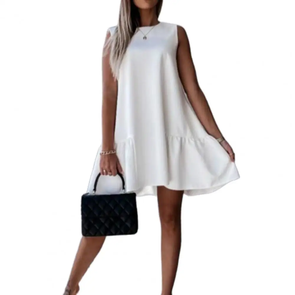 

Summer Dress Solid Color Loose Mini Ladies Sleeveless Ruffle Dress for Work