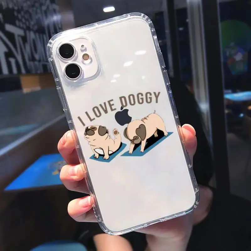 

Cute Cartoon Pug Animal Yoga Phone Case Transparent for Clear iPhone 11 12 mini pro 8 7 6 6S XS MAX Plus X 5S SE 2020 XR