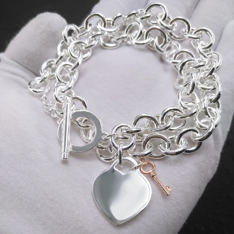 

S925 Sterling Silver Tif Necklace Brand Heart Key Thick Chain Necklace Luxury Fashion Fine Jewelry New Limit Female Holiday Gift