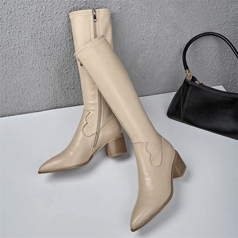 

ANNYMOLI Real Leather High Heel Knee High Boots Women Shoes Pointed Toe Zip Thick Heels Long Boots Autumn Winter Apricot Black