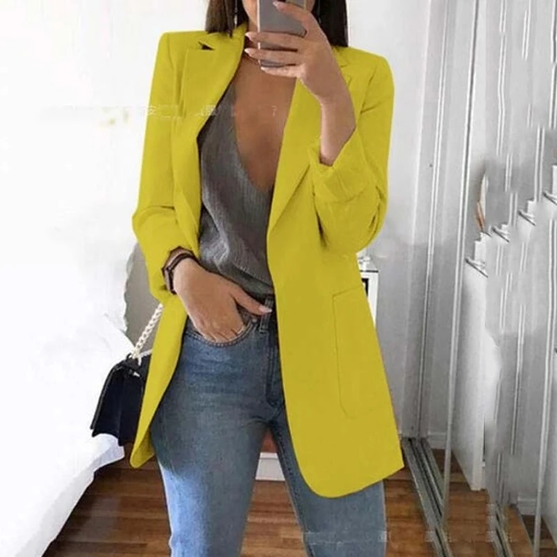 Women's Casual Mid Coat Lapel Slim Cardigan Outdoor Work Suit Jackets Open Front Cloak Female Blusas Chaqueta Mujer | Женская одежда