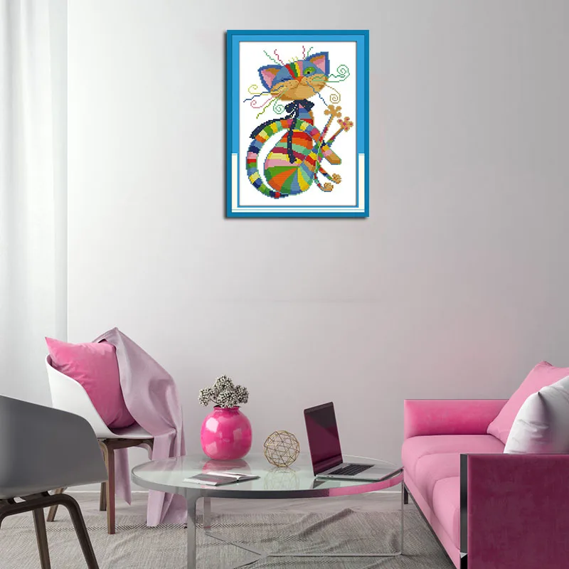 Набор для вышивки крестиком Joy Sunday с красочным мультяшным рисунком кошки DMC 14CT на