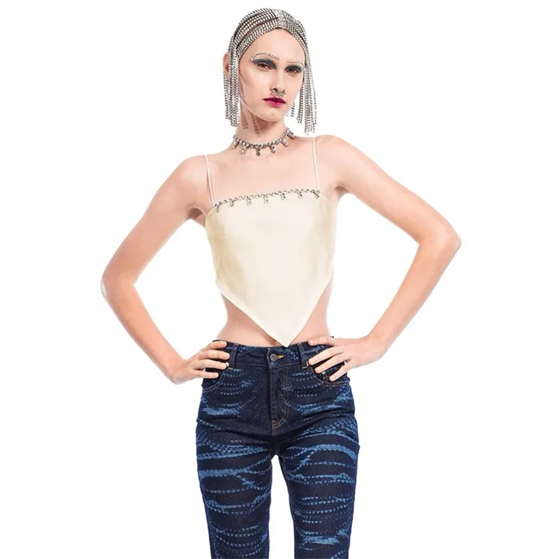 2021NEW Back tie short camisole with irregular square neckline, hand-studded with diamonds Belly-style camisole women's top