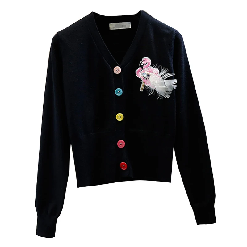 

Women's Cardigan Sweater Heavy Industry Beaded Diamond Three-dimensional Swan Embroidery V-neck Slim Sweaters Knitted Coat