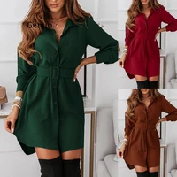 autumn winter fashion slim green dress woman casual turn down collar single breasted belted mini dresses for women 2021vestidos