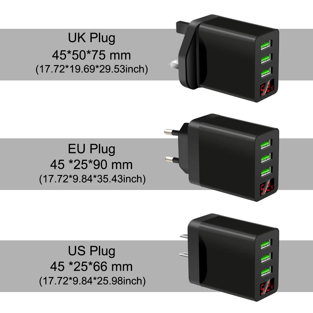 UK EU US Plug 3 Multi-Ports Fast Quick Charger USB Hub Wall Adapter Universal LED Display Portable Transformer Power Supply | Электроника