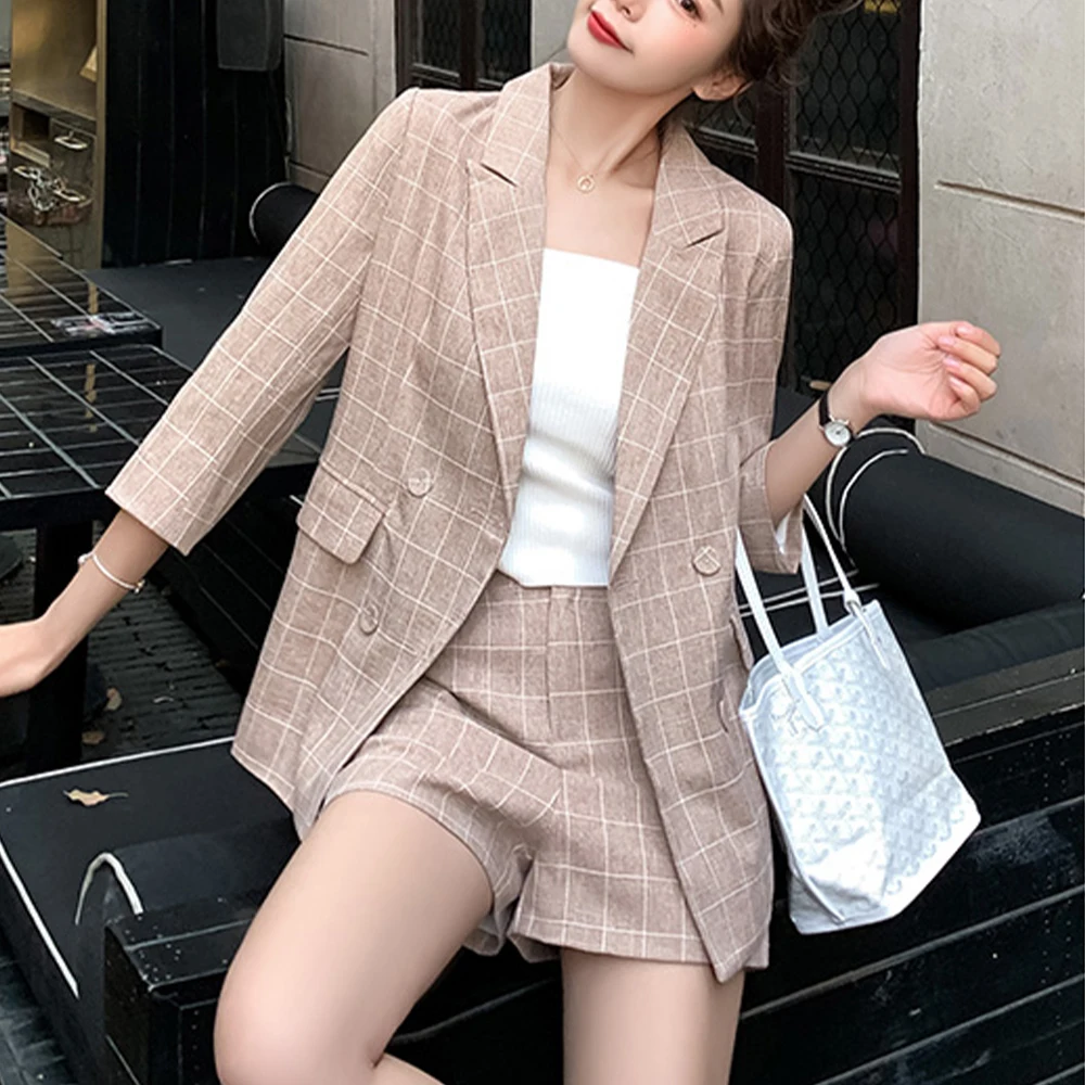 

ZA shorts suit spring and summer 2021 new Korean version of the plaid small jacket casual thin two-piece women's sets blazer
