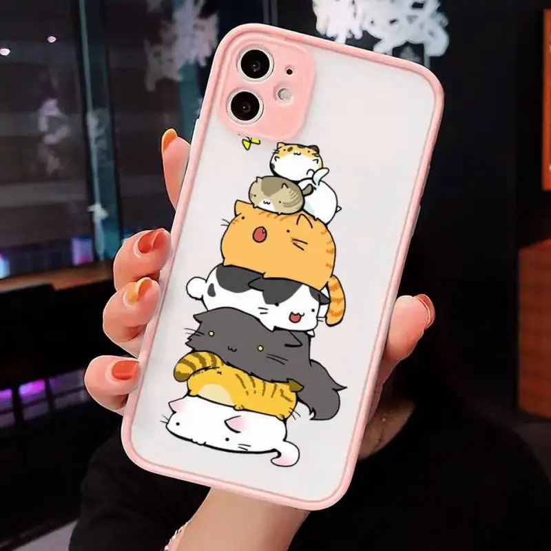 

Cute cartoon cat Phone Case For iPhone 12 11 Mini Pro XR XS Max 7 8 Plus X Matte transparent Pink Back Cover