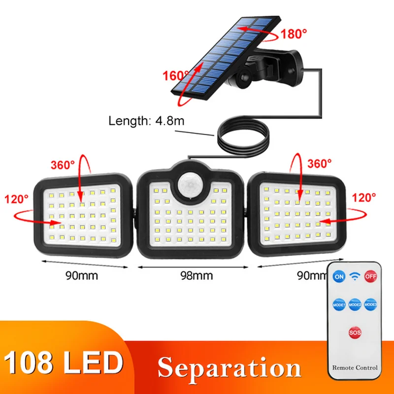 

108 LED COB Separation Solar Lights Outdoor 3 Head Motion Sensor Wide Angle Lighting Waterproof Remote Control Solar Wall Lamp.