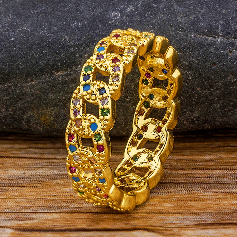 

AIBEF New Fashionable Lovely Copper Rainbow Ring Cubic Zirconia Rhinestone Hollow Design Gold CZ Finger Jewelry Gifts For Women