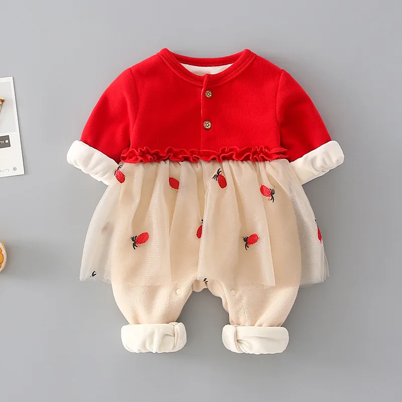 

Cotton Girls Baby Lace Rompers Cartoon Strawberry Pineapple Red Yellow Clothes
