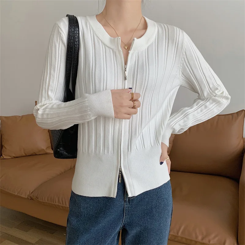 

2021 Spring and Autumn Slim Fashionable and Simple Style Ins Double Zipper Short Knit Cardigan Sweater