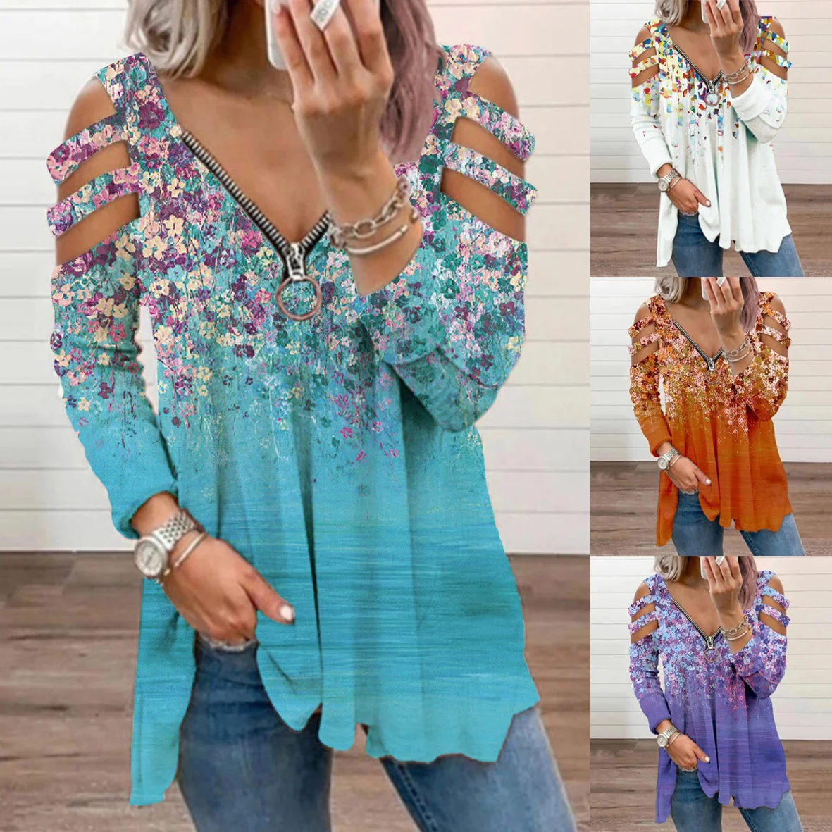 

Женская свободная футболка с цветочным принтом и длинным рукавом