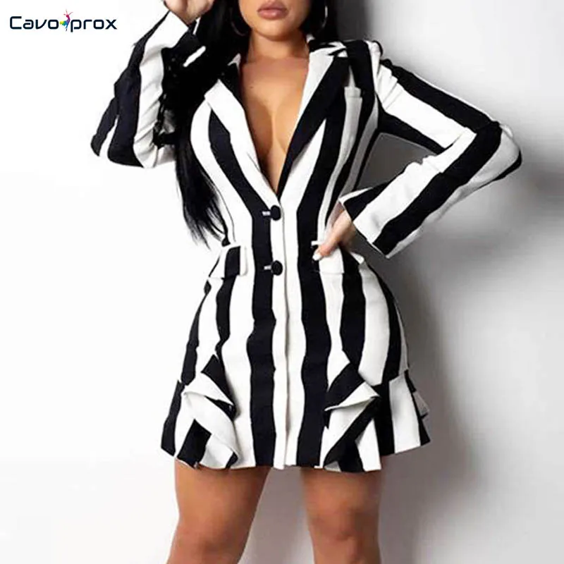 Women Colorblock Striped Ruffles Detail Blazer Dress Single Breasted Long Sleeve Above Knee Mini Turn-down Collar Spring | Женская