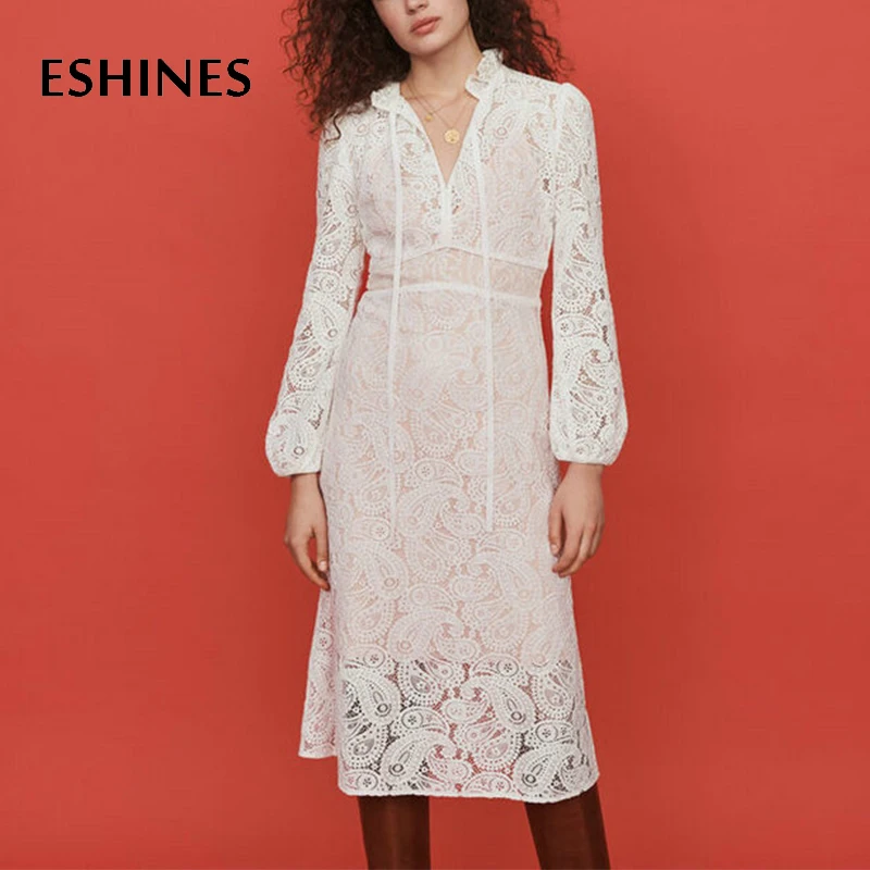 ESHINES сексуальное женское белое платье миди осеннее винтажное с v образным вырезом