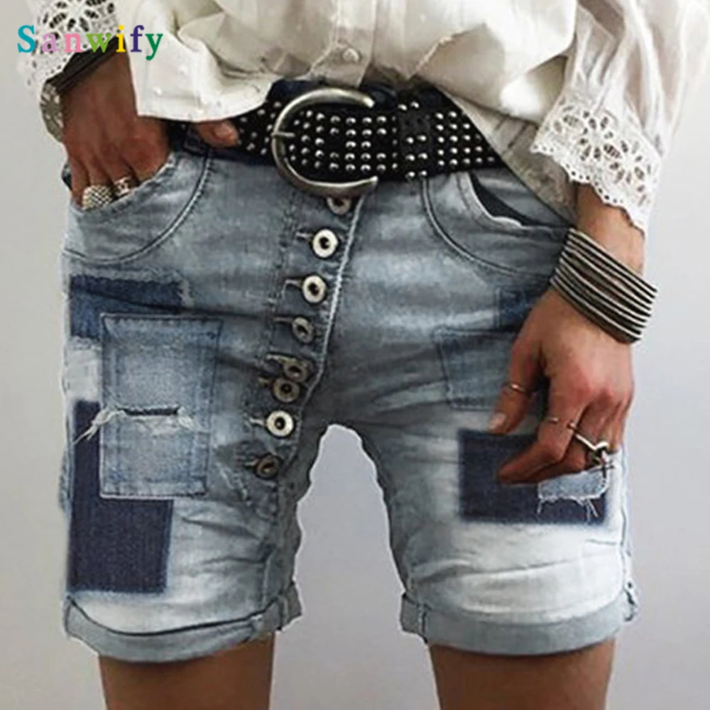 

Summer Denim Shorts Solid Vintage Wide Leg High Waist Female Loose Women's Summer Knee Short